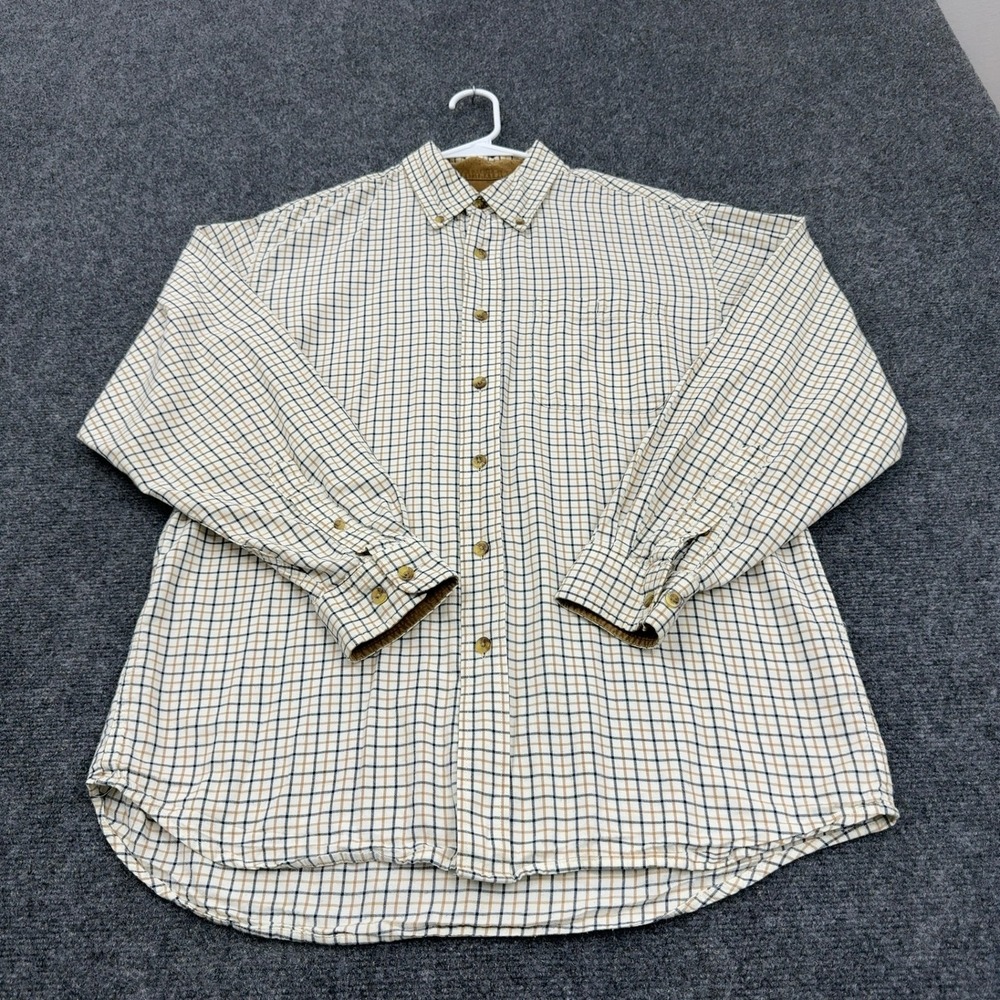LL Bean Shirt Mens M Cream Cotton Plaid Corduroy Trim Button Down Gorpcore